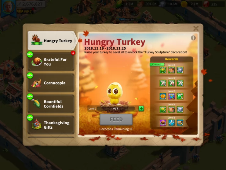 Hungry Turkey Event - Collect Corn to Feed it and level up for great rewards