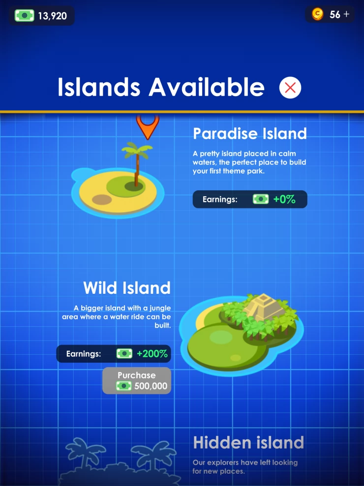 There a number of islands to unlock in Idle Theme Park Tycoon