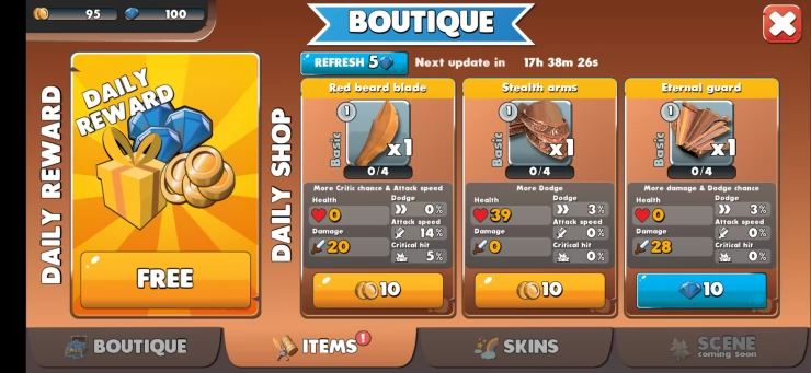 Boutique to purchase items and get your daily reward