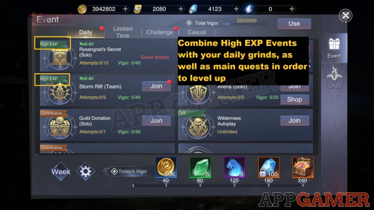 Check High EXP under Events