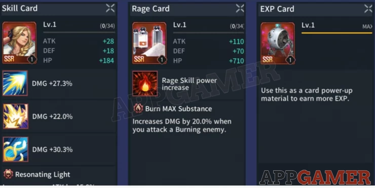 Examples of a Skill Card, Rage Card, and Material Card