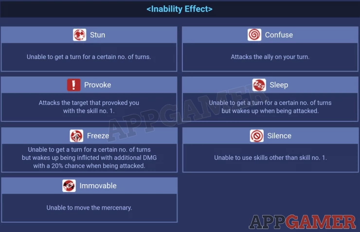 All Inability Effects in in Heroes War: Counterattack