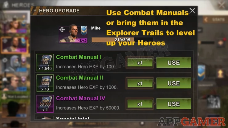 Use Combat Manuals or fight enemies in the Explorer Trail