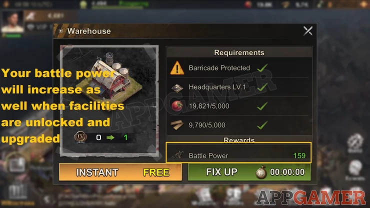 Fix buildings to get facilities and increase battle power