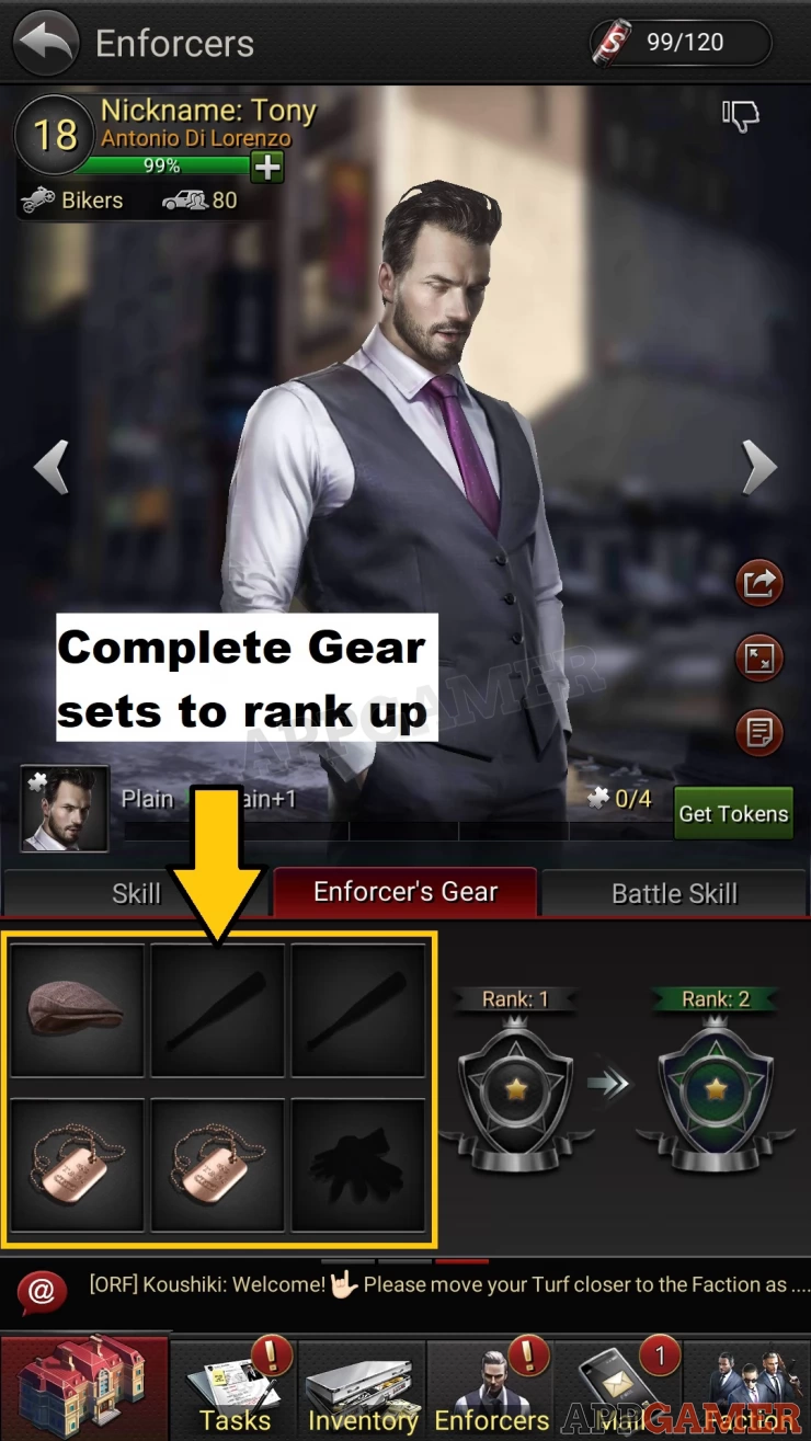 Gear increases stats, completing a set increases rank