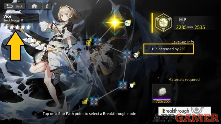 Breakthroughs let you level up star nodes in order to get bonuses for your character