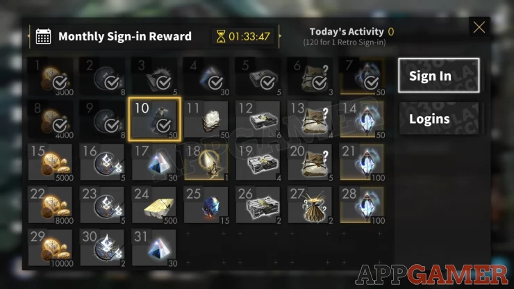Click the Calendar Icon on the left side of the main screen to access the sign in and login rewards