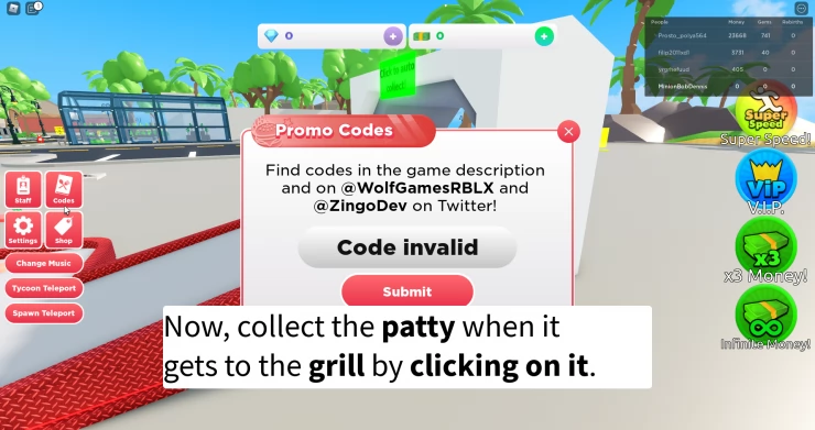 Burger Tycoon Code Entry Screen