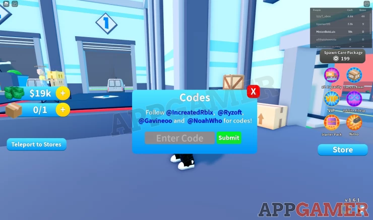 Delivery Simulator Codes Entry Screen