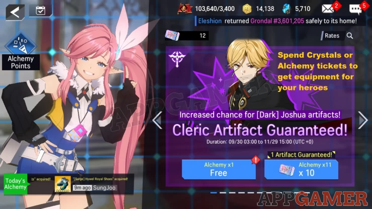 Spend Crystals or Alchemy Tickets to get equipment