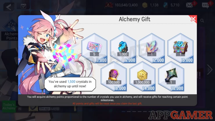 Get extra rewards based on the number of Crystals you have spent on Alchemy