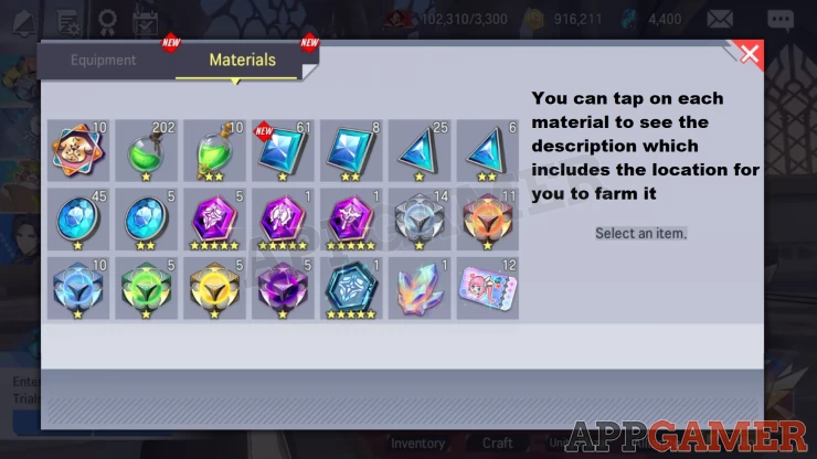 You can check materials in your inventory