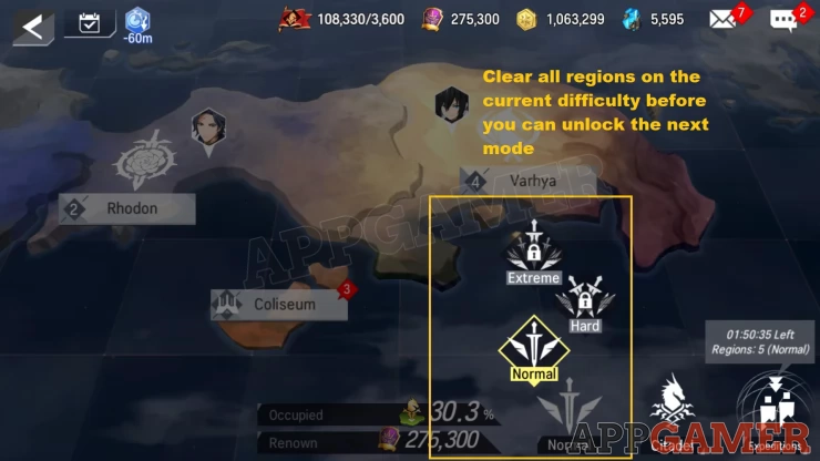 Clear all regions to unlock the next difficulty