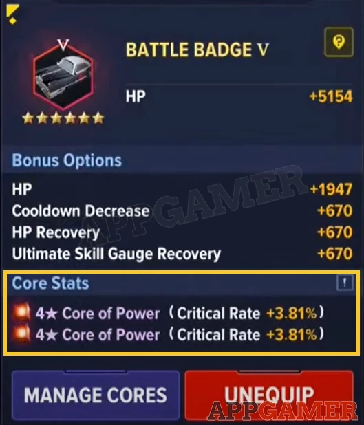 Cores can be equipped on Battle Badges