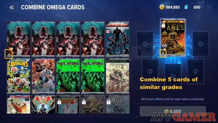 Use 5 cards of similar grades to increase the star rating of your chosen card