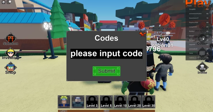 Naruto Defense Simulator Code Entry Screen