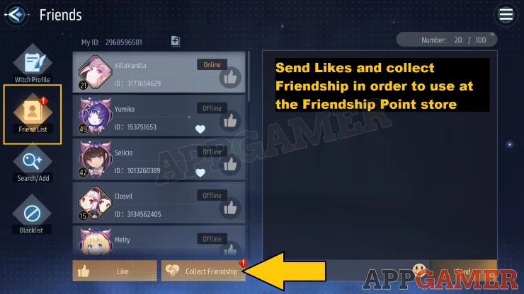 Send Likes and receive Friendship in order to use at the Store