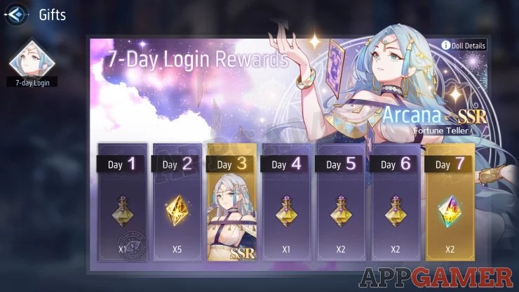 Acquire SSR Doll, Arcana on your third day