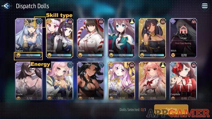 Try to send out Dolls with high energy and the correct skill type for better drops