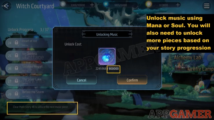 Unlock music using Mana or Soul, you will also need to unlock more pieces by completing the story