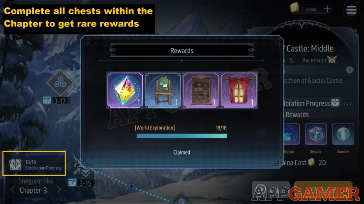 Complete all chests within the chapter to get Exploration Progress rewards