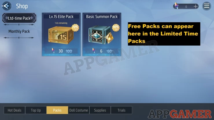 Check Ltd-Time Packs since free items can appear here