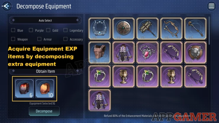 Get extra Equipment EXP items through Decomposing them