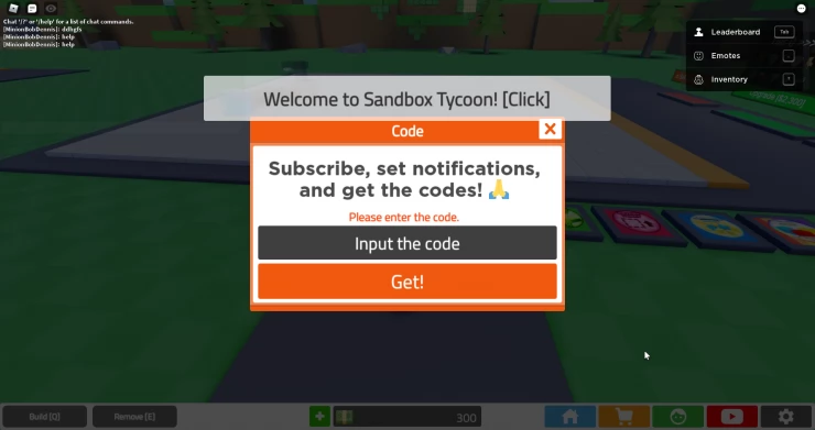 Sandbox Tycoon Code Entry