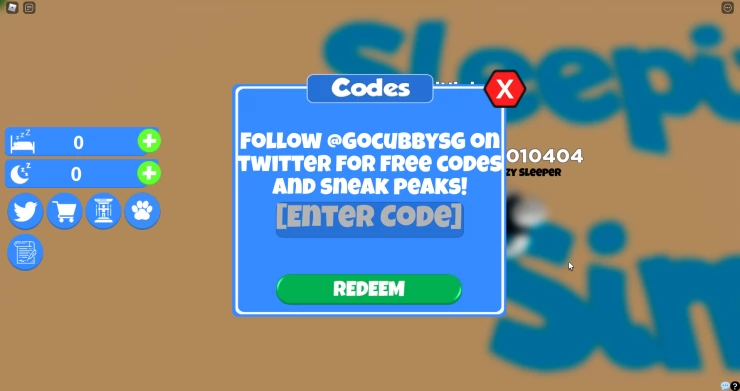 Codes Entry Screen for Sleeping Simulator