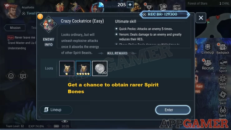 Fight Spirit Beasts on specific locations and get a chance to get rare Spirit Bones