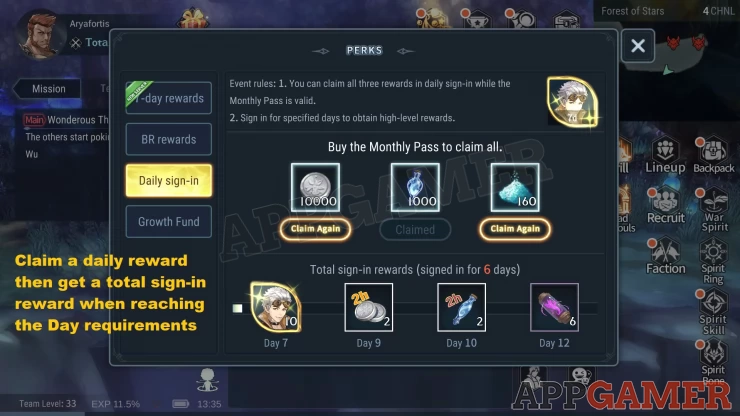 Claim 1 reward daily, or all 3 if you purchase the Monthly Pass