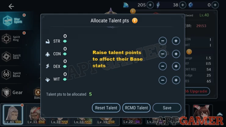 Talent Points affect specific base stats when raised