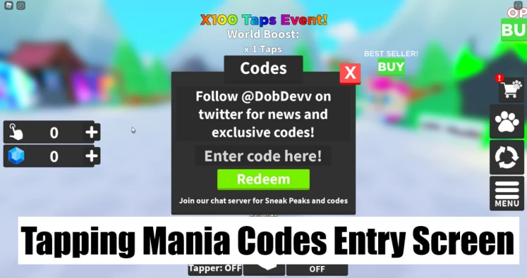 Tapping Mania Codes Redeem Screen