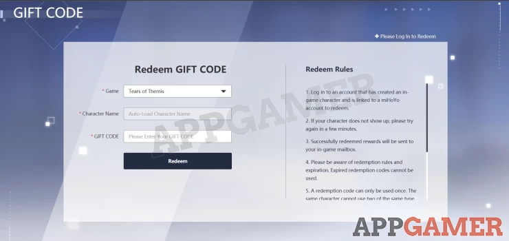 Tears of Themis Gift Code redemption page