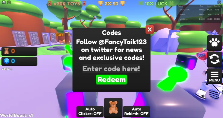Toy Clicking Simulator Code Entry Screen