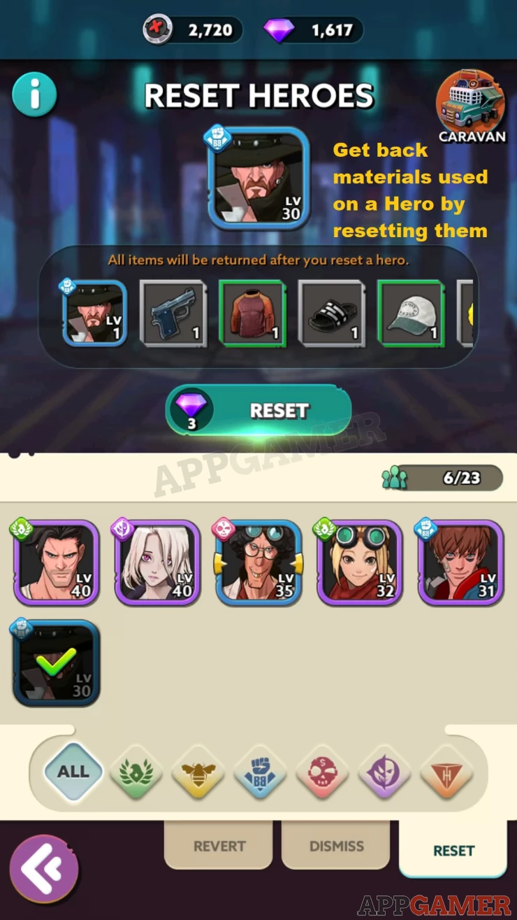 Reset Heroes to reimburse materials you used on them