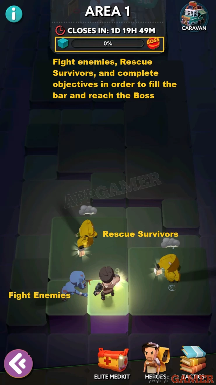 Complete the areas through battles, rescues, and boss fights