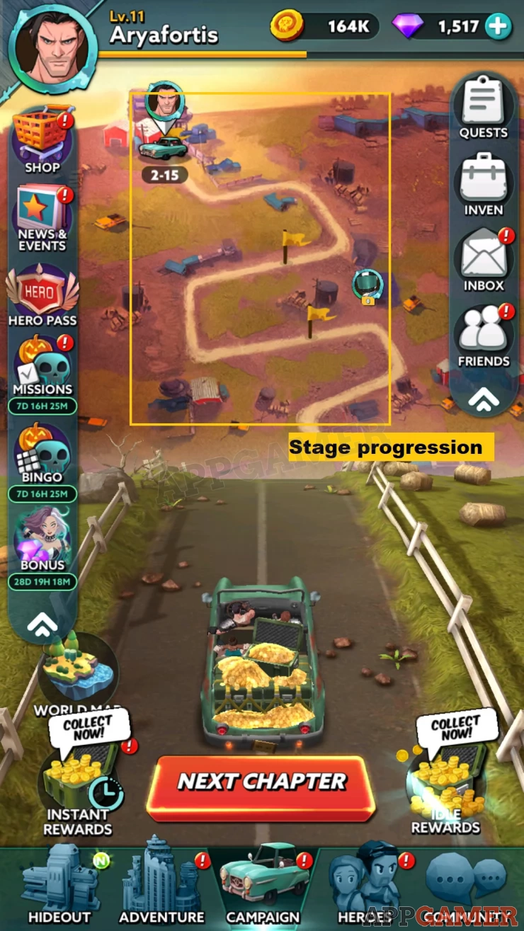 Stages are completed through the Campaign