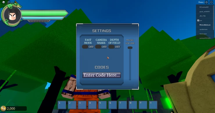 Zenkai Origins Codes Entry Screen
