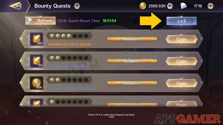 Check the level button to see the unlock requirements for more quests