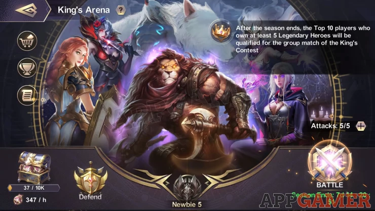 Use 3 teams of heroes and fight other players in the King's Arena