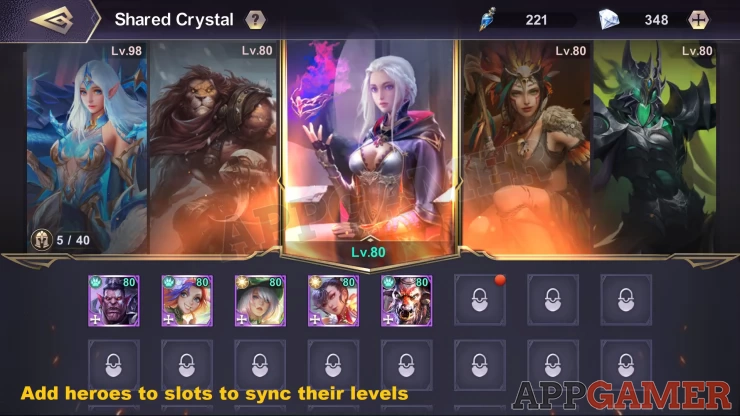 Use the Shared Crystal to level up your other heroes instantly