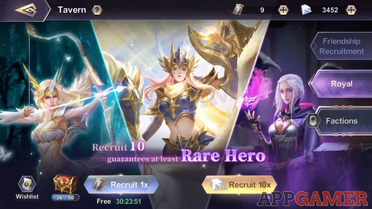 Use Diamonds or Royal Recruitment tickets to acquire heroes