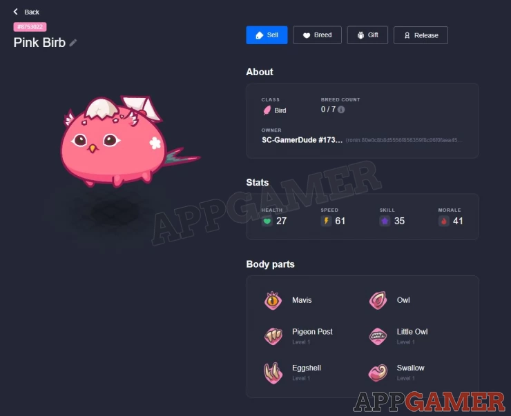 An example of a 6/6 purity axie