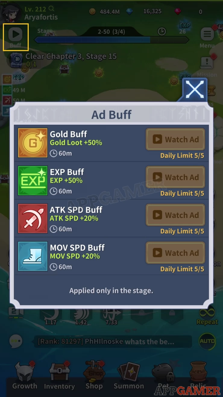Check the Buff button and watch ads in order to get useful bonuses