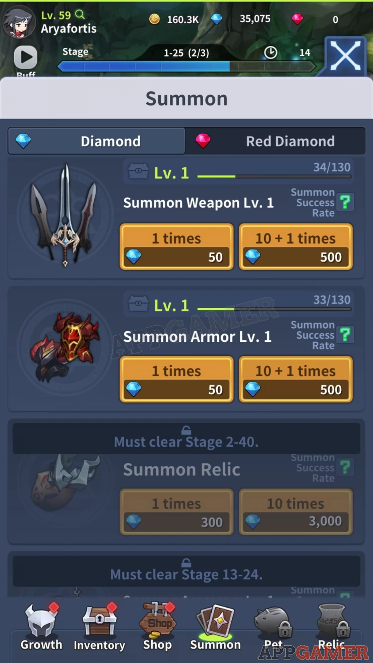 Start summoning equipment in order to level it up. Higher levels will let you summon equipment with higher grade levels