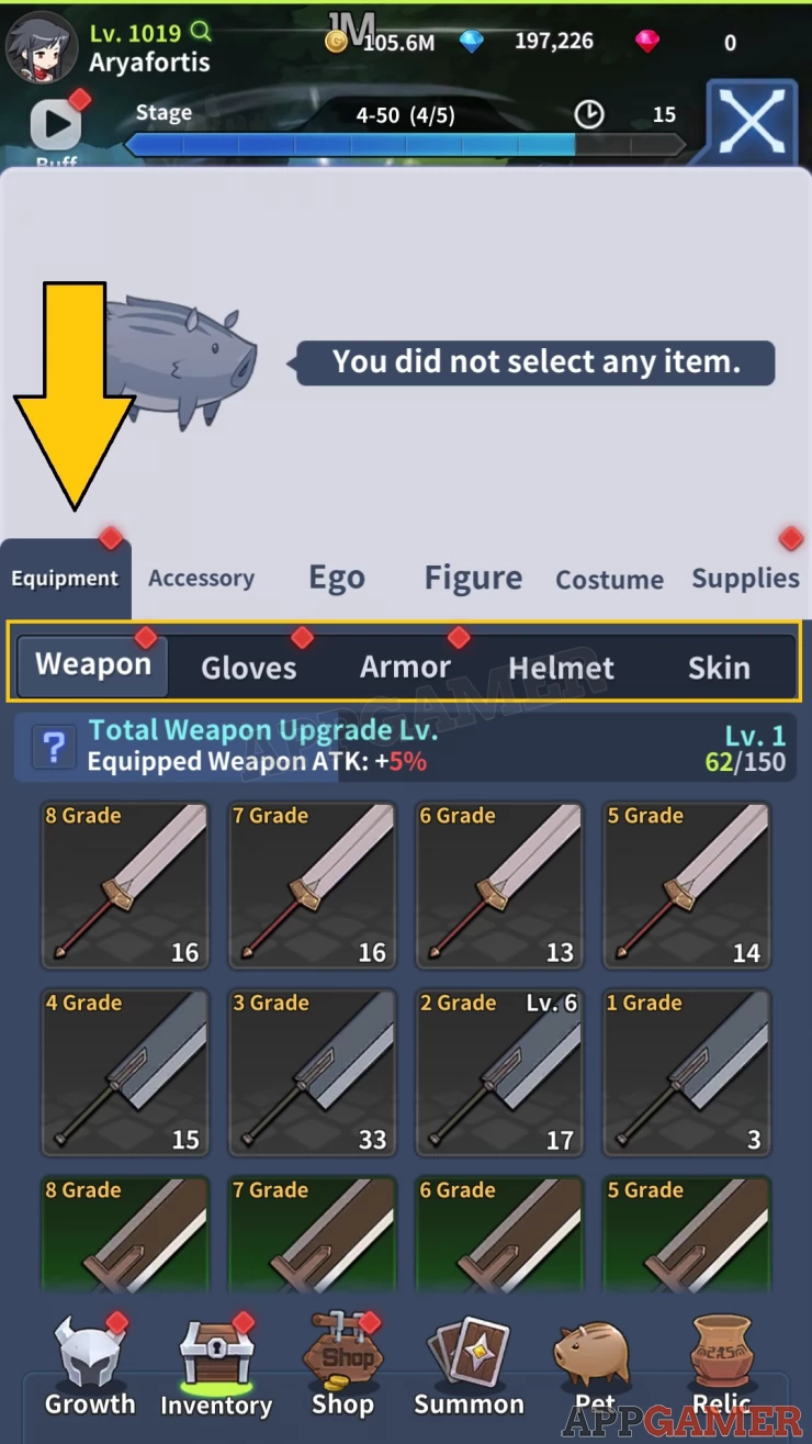 Manage your equipment in order to get higher grades, upgrade them to become stronger, or improve their stats.