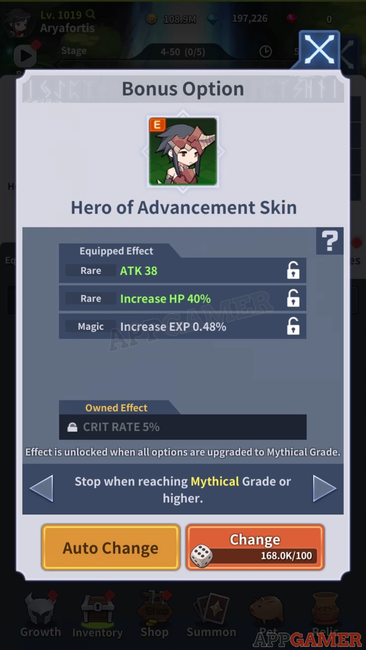 Reroll the stats of your skin, you will be able to unlock a bonus effect if you get Mythical grades for all of your options