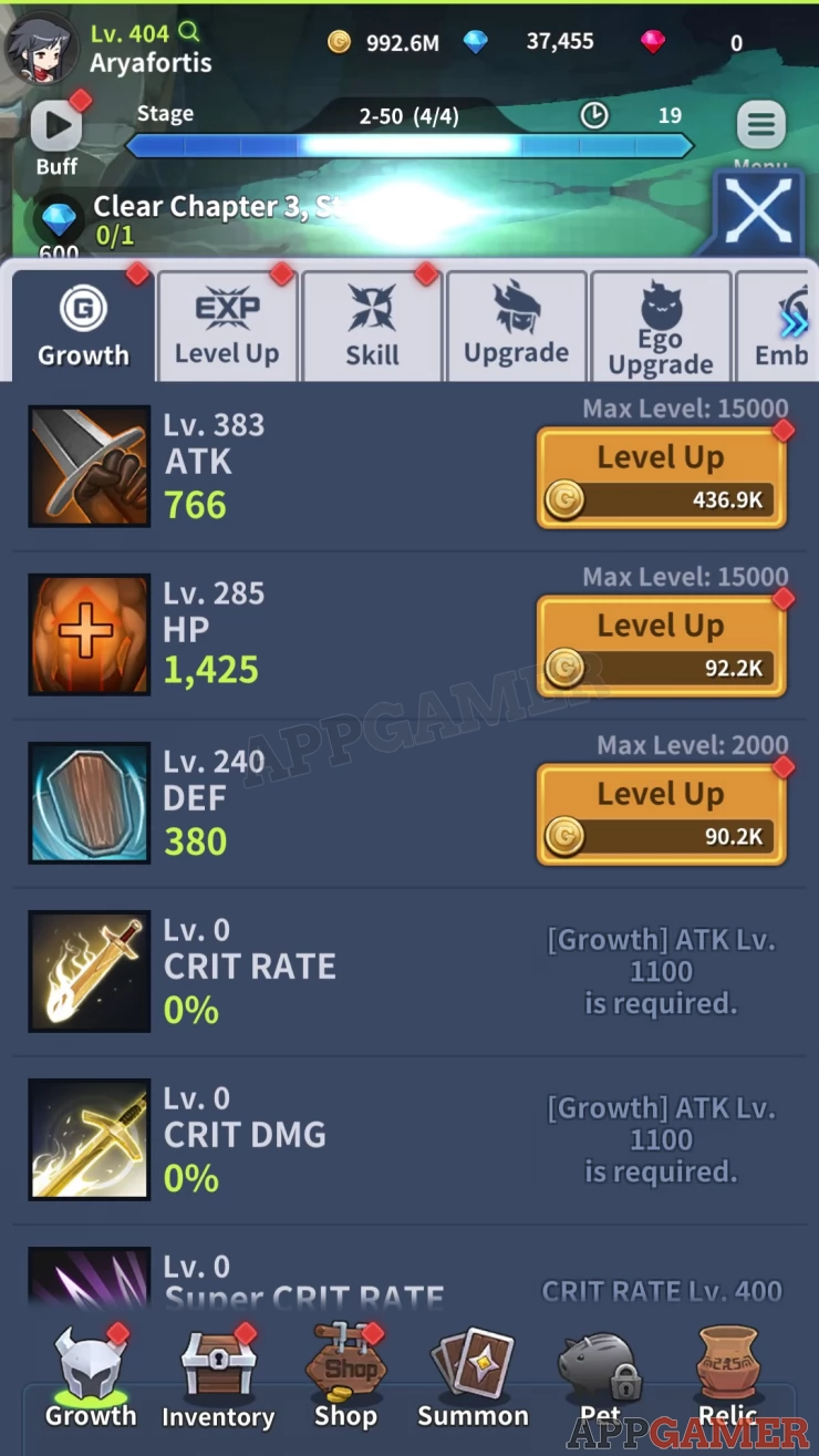 Level up Growth Skills using the Gold that you have acquired