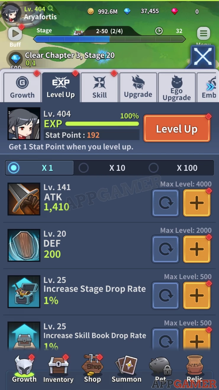 Increase your hero’s level using the EXP you have acquired. Stat points acquired can be used to level up skills